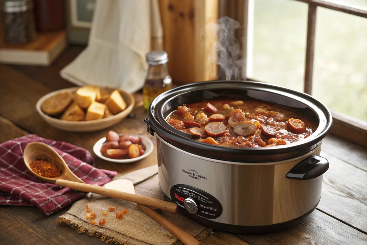Slow cooker filled with cowboy stew mid-cook, sausage and potatoes visible in the chili-spiced tomato broth, wooden spoon resting on the rim