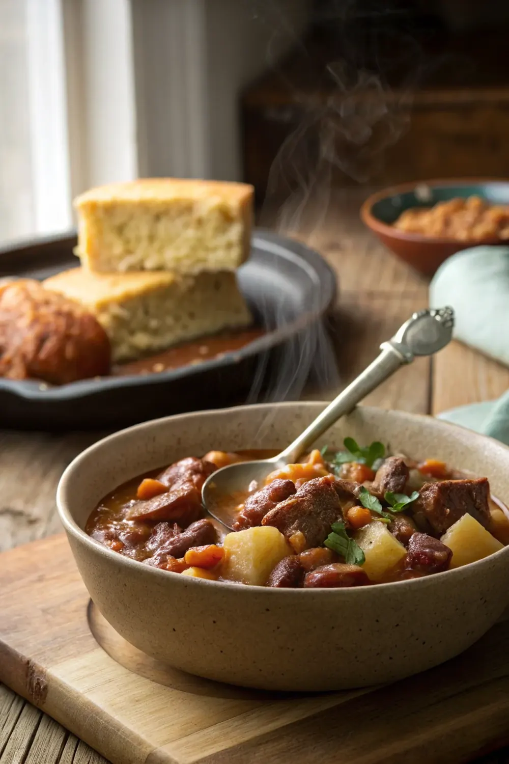 Vertical photo of thick crockpot cowboy stew with beef, sausage, beans, and potatoes, steam rising, save this slow cooker dinner recipe