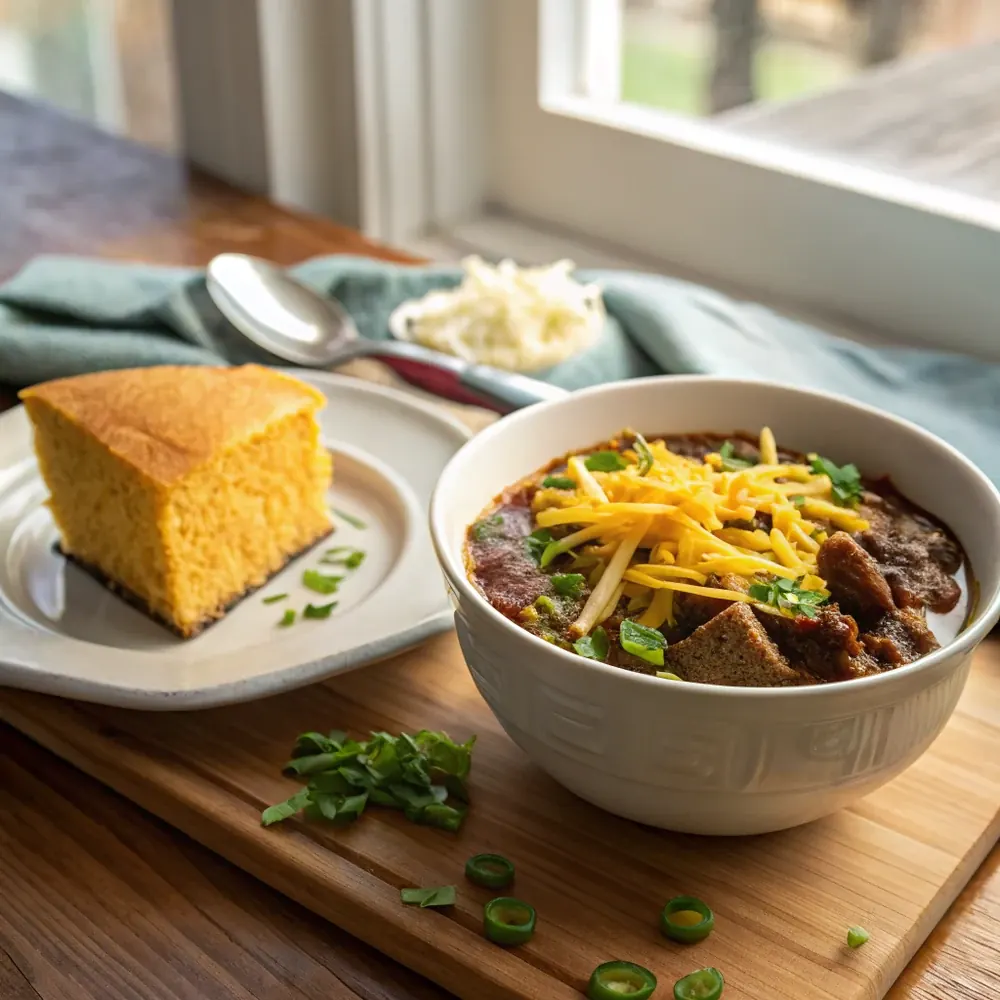 Overhead view of a bowl of hearty cowboy stew topped with shredded cheddar beside a skillet of cornbread on a rustic table