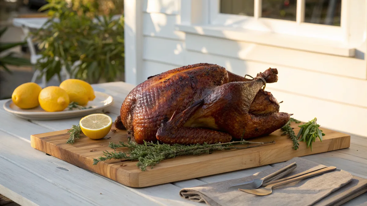 A whole deep fried turkey with deep mahogany crackled skin resting on a large wooden board on an outdoor table, sprigs of fresh thyme and halved lemons beside it, late afternoon light on a backyard patio