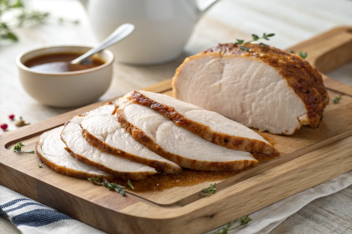 Close-up of carved deep fried turkey breast slices arranged on a wooden board showing juicy pale white meat under a thin shattered mahogany skin, a small ceramic pitcher of brown gravy resting behind them