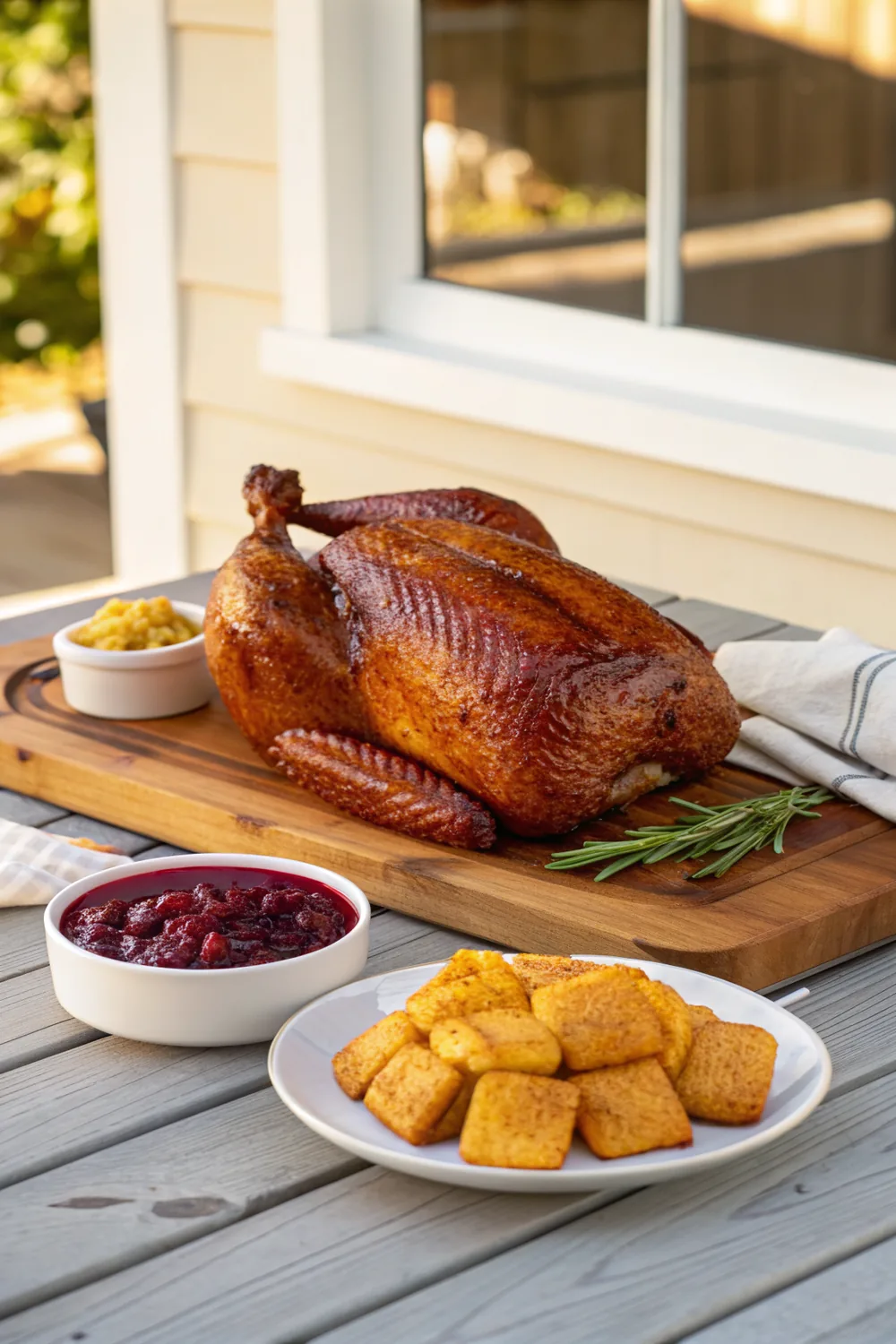 Vertical composition of a whole deep fried turkey with glossy mahogany crackled skin resting on a wooden board on an outdoor table, a small white bowl of deep red cranberry sauce and a plate of golden cornbread squares below it, only food and plain unmarked dishes in frame, warm golden light