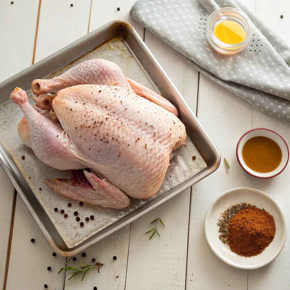 Overhead view of a raw whole turkey on a sheet pan with a coarse layer of kosher salt and cracked black pepper on the skin, a small bowl of melted butter and a bowl of rust colored Cajun spice beside it on a wooden table
