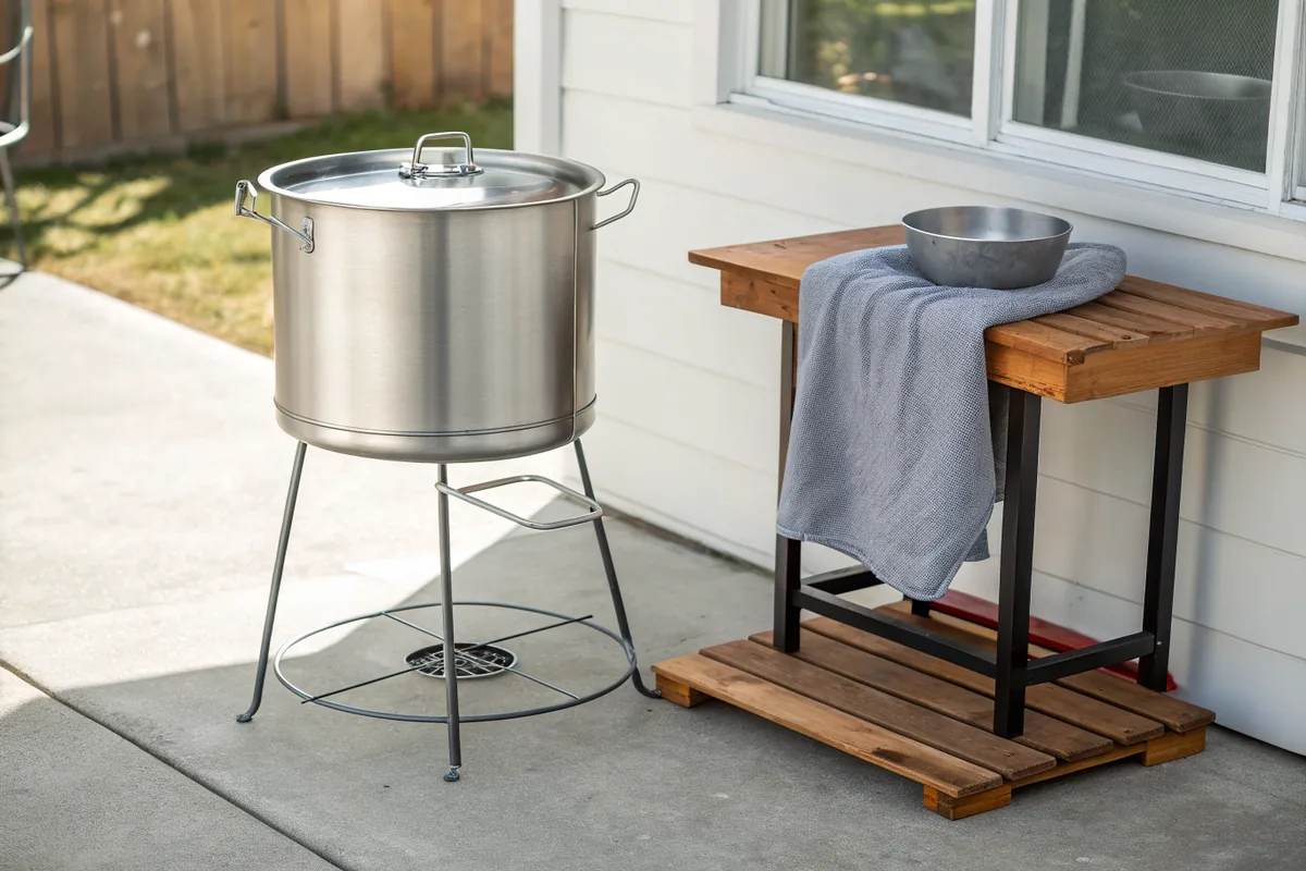 A tall plain aluminum stockpot standing on a low steel burner stand on a concrete patio, nothing in motion, a wooden side table with a folded gray towel resting on it in clear daylight