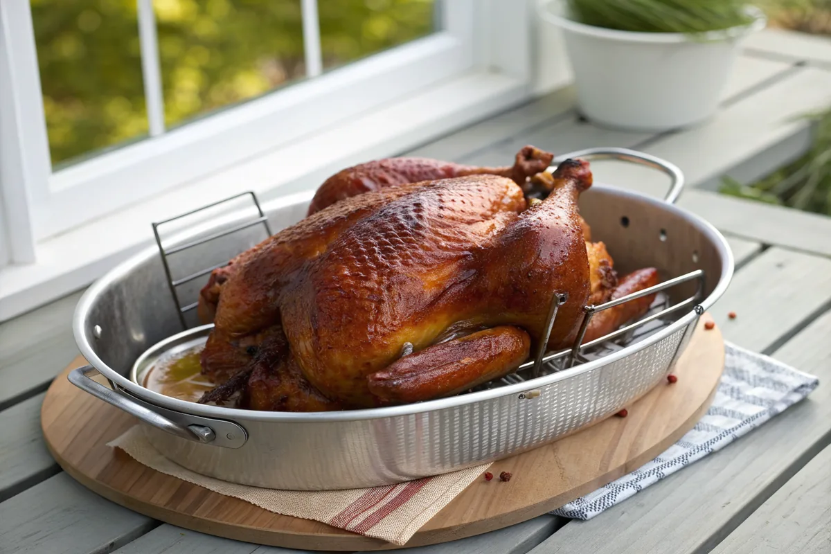 A whole deep fried turkey with deep mahogany crackled skin resting in a round metal fryer basket set on a rimmed sheet pan on a wooden outdoor table, oil droplets glistening on the skin in soft afternoon light