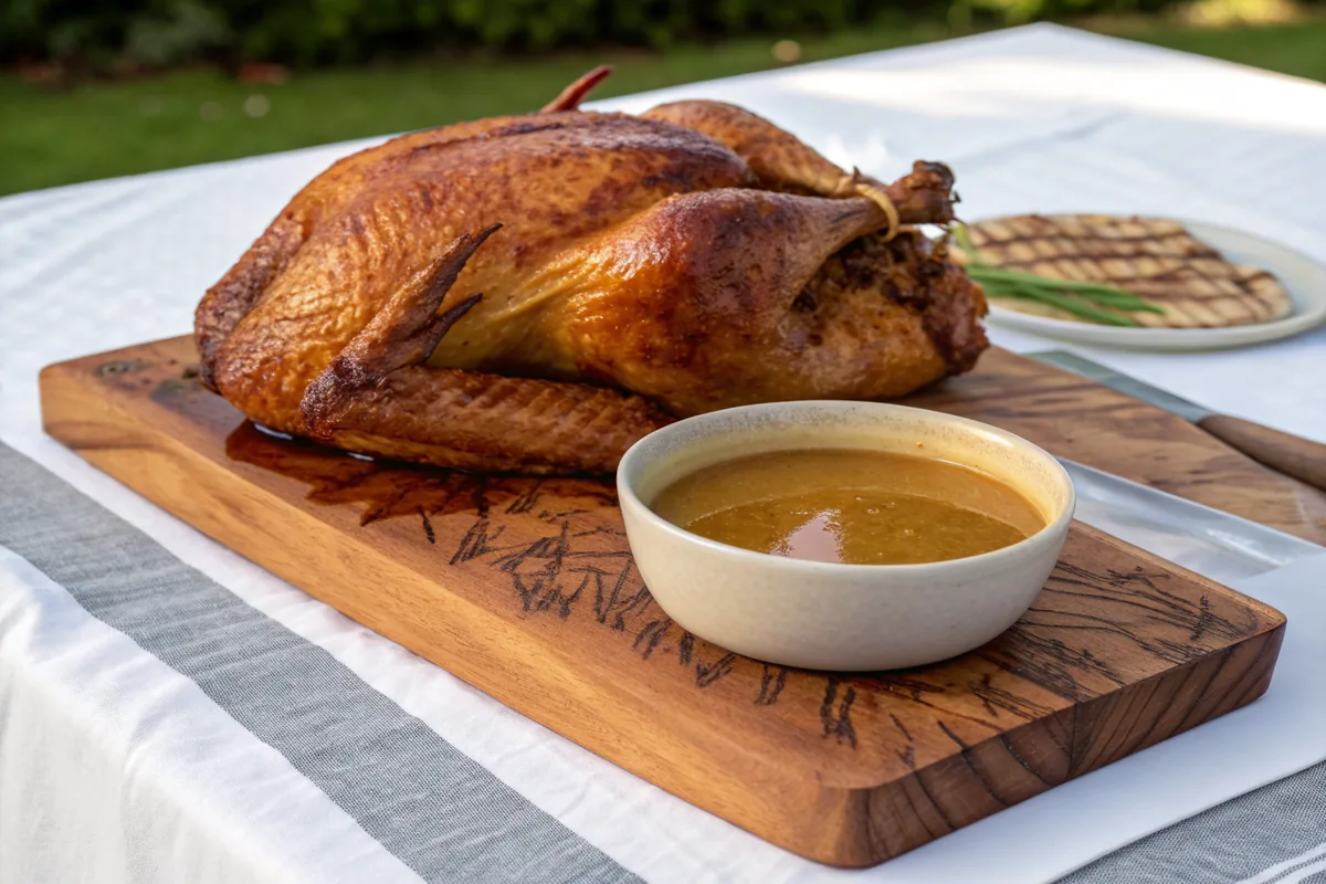 A whole deep fried turkey resting on a wide wooden board with tight crackled mahogany skin, a plain ceramic bowl of glossy golden brown gravy beside it on a linen covered outdoor table, only food and plain unmarked dishes in frame, warm light