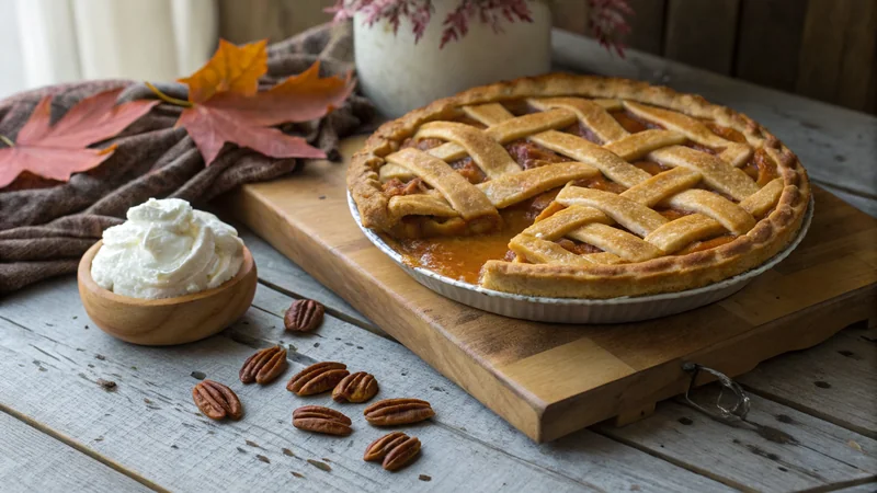 Close-up of the lattice top weave showing over-under pattern of pastry strips, deep orange filling visible between the strips, egg wash glaze and coarse sugar sprinkle catching the light, magazine quality