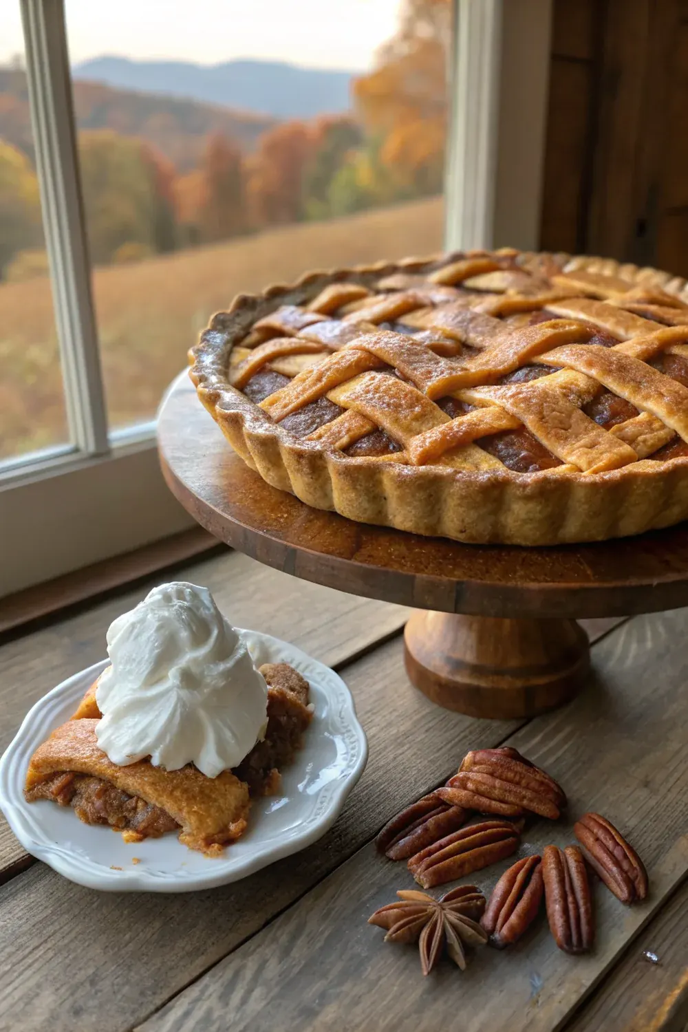 Vertical view of a slice of double crusted sweet potato pie with lattice top, served on a white plate with whipped cream and pecan halves, fall Thanksgiving table with cinnamon sticks and orange leaves garnish