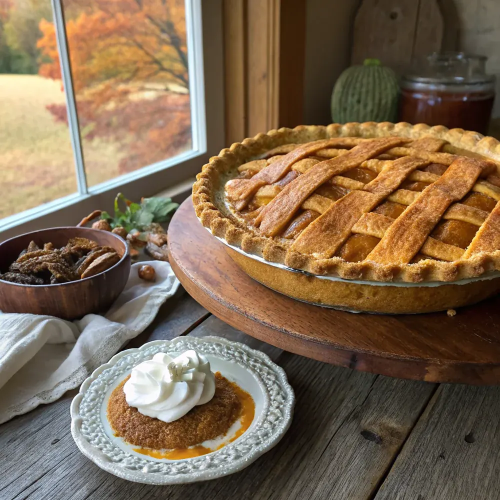 Overhead view of the double crusted sweet potato pie on a wooden cutting board, decorative lattice top, fluted crust edge, sliced from one side showing the orange filling cross-section, fall harvest table