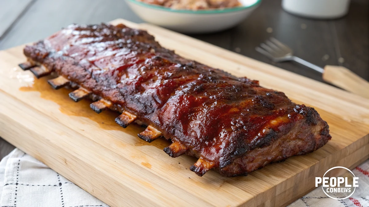 Photorealistic rack of glazed baby back pork ribs with a sticky caramelized BBQ crust on a wooden cutting board