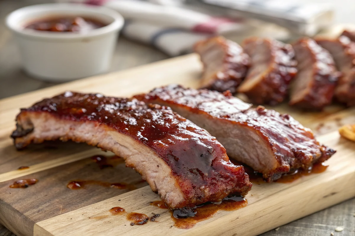 Close-up of tender baby back pork ribs pulling apart between the bones with a glossy mahogany BBQ glaze