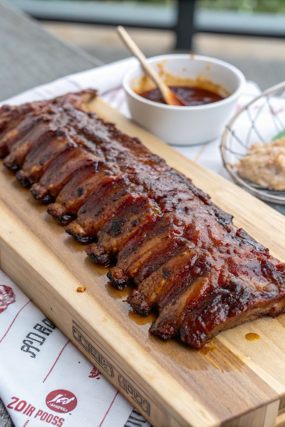 Sticky fall off the bone baby back pork ribs with caramelized BBQ glaze, vertical pin to save for a cookout