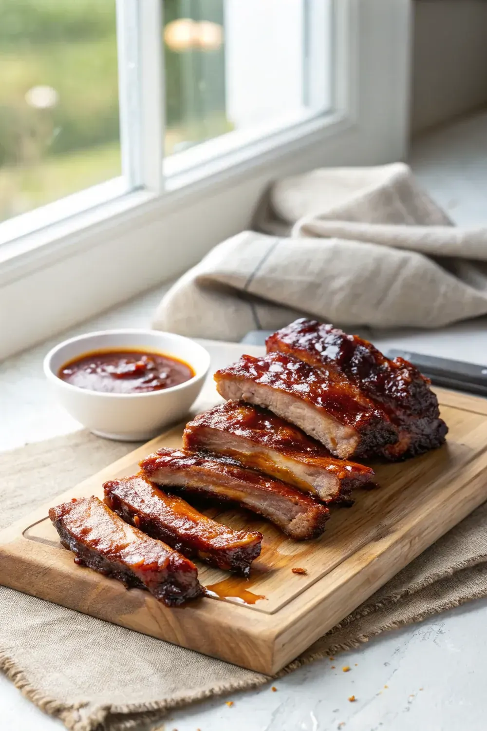Sticky fall off the bone baby back pork ribs with caramelized BBQ glaze, vertical pin to save for a cookout