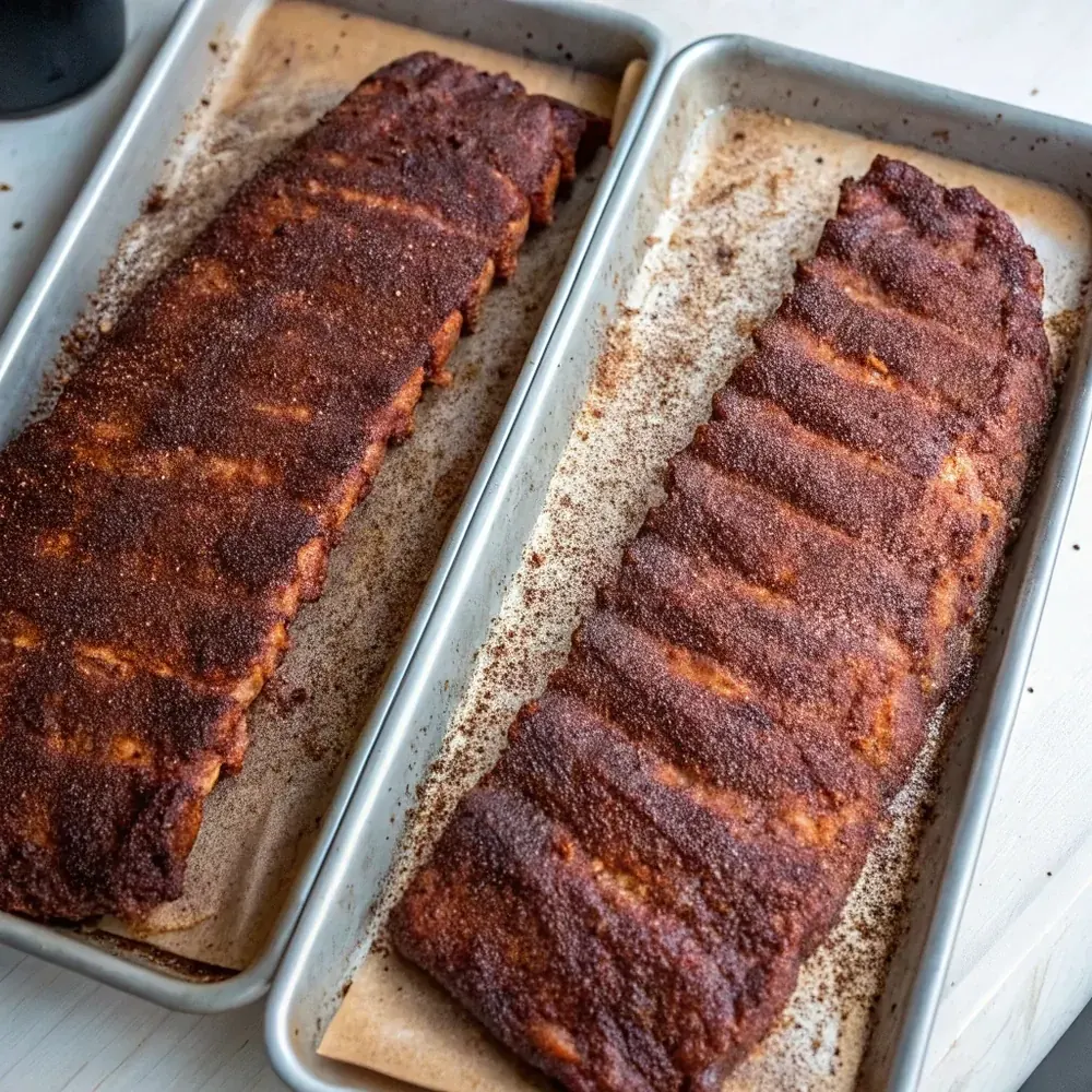 Overhead shot of two racks of baby back pork ribs coated in a dark smoky dry rub before baking