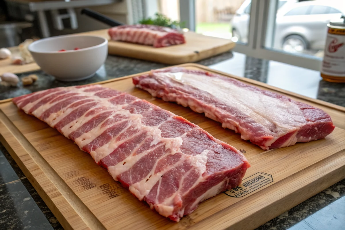 Two racks of raw baby back pork ribs on a cutting board ready for the membrane to be removed