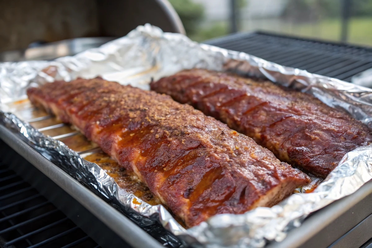 A rack of seasoned baby back ribs being sealed tightly inside heavy-duty aluminum foil