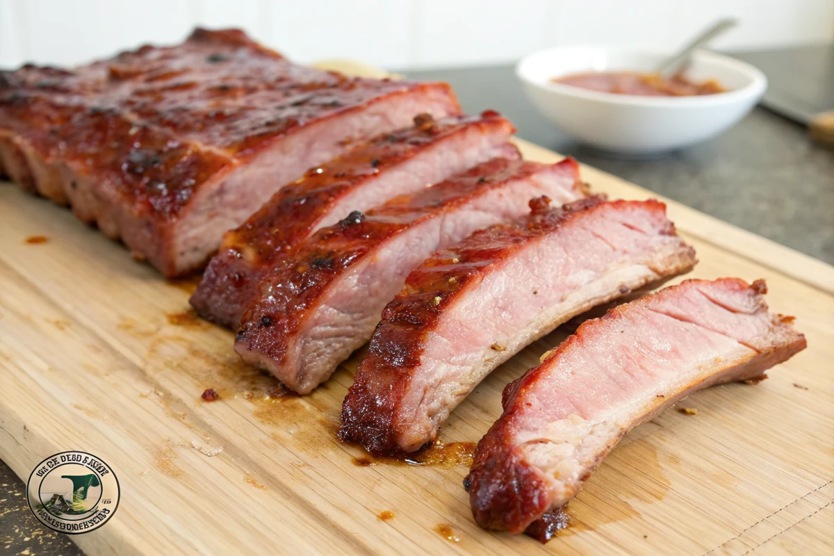 Glazed baby back ribs sliced between the bones on a cutting board showing tender pink-edged meat