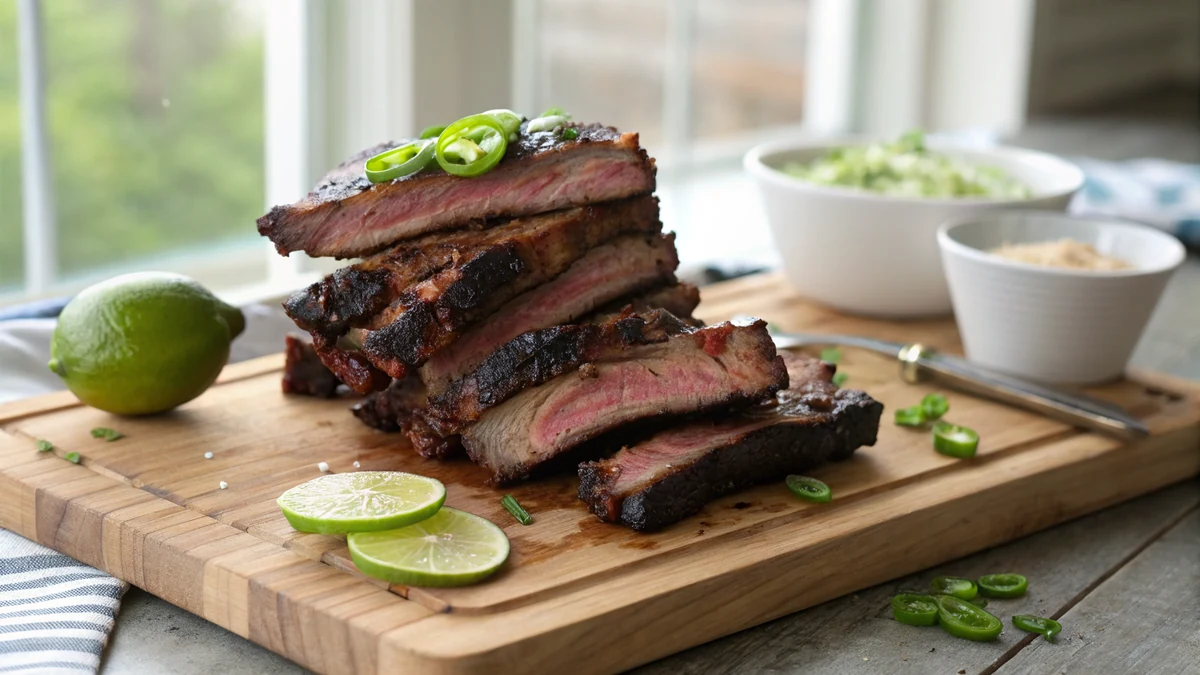 Charred flanken beef short rib strips stacked on a wooden cutting board, cross-cut bone coins visible in the marbled meat, lime wedges and sliced scallions alongside