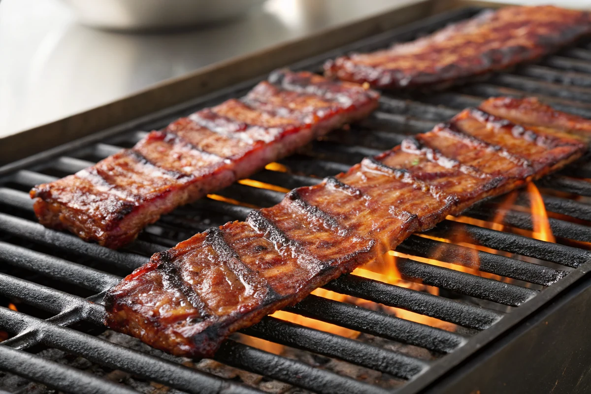 Close-up of a single grilled flanken short rib strip with caramelized char on the edges and three small round bone cross-sections in a row