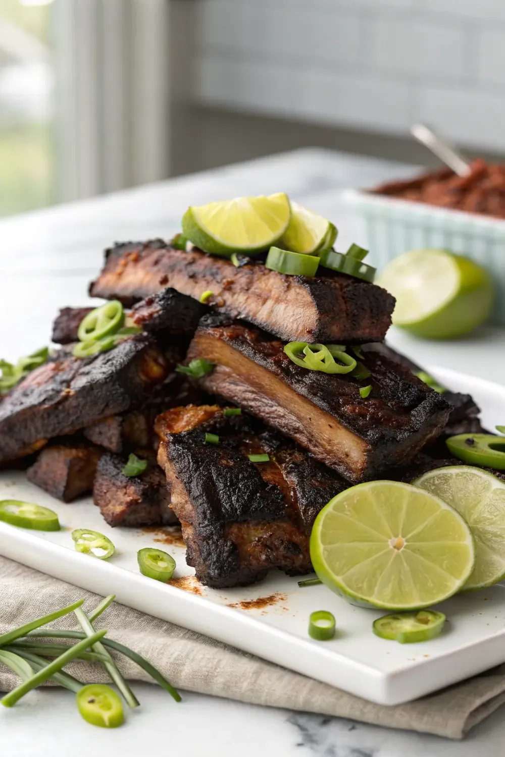 Vertical shot of deeply charred flanken cut beef short ribs piled on a platter with lime wedges and scallions, grilled hot and fast over charcoal