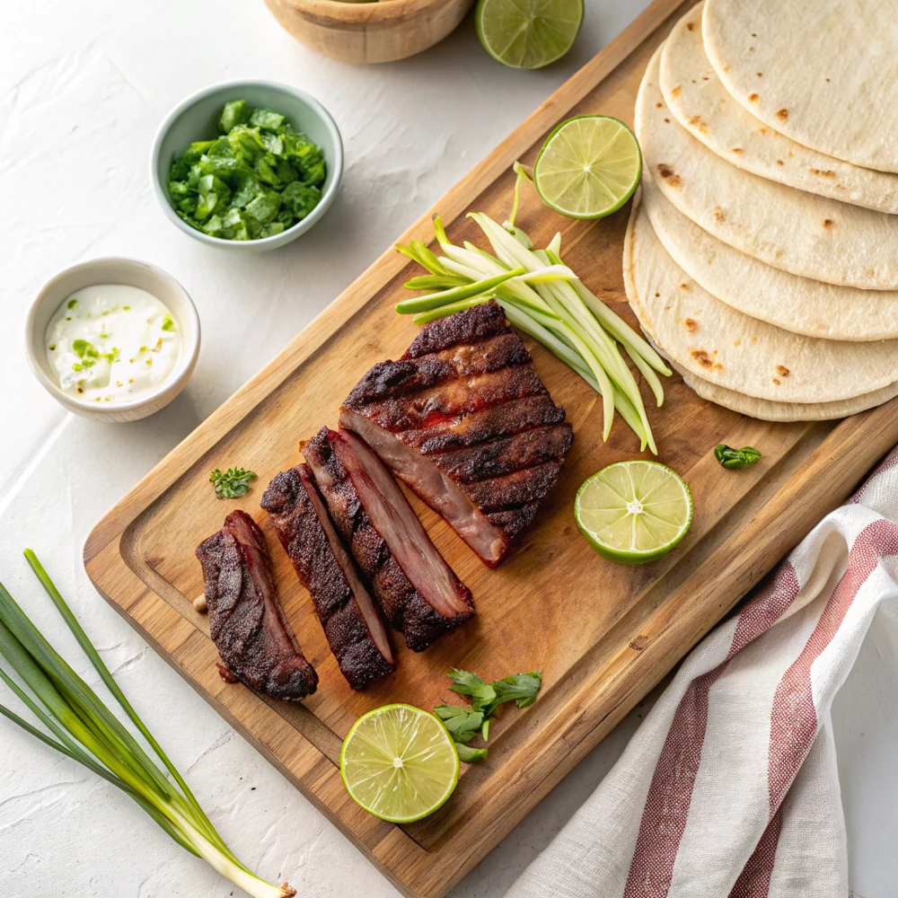Overhead view of grilled flanken beef short ribs on a wooden board surrounded by lime wedges, sliced scallions, and a stack of warm tortillas