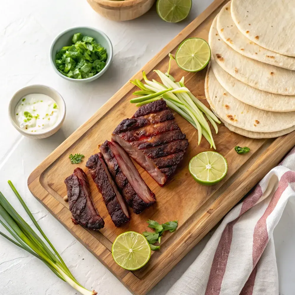 Overhead view of grilled flanken beef short ribs on a wooden board surrounded by lime wedges, sliced scallions, and a stack of warm tortillas
