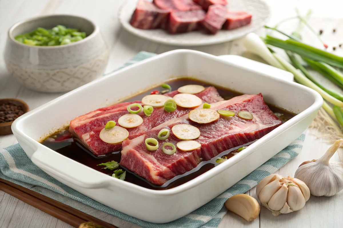 Raw flanken beef short rib strips with cross-cut bone coins submerged in dark marinade in a white ceramic dish, sliced scallions and garlic scattered on top