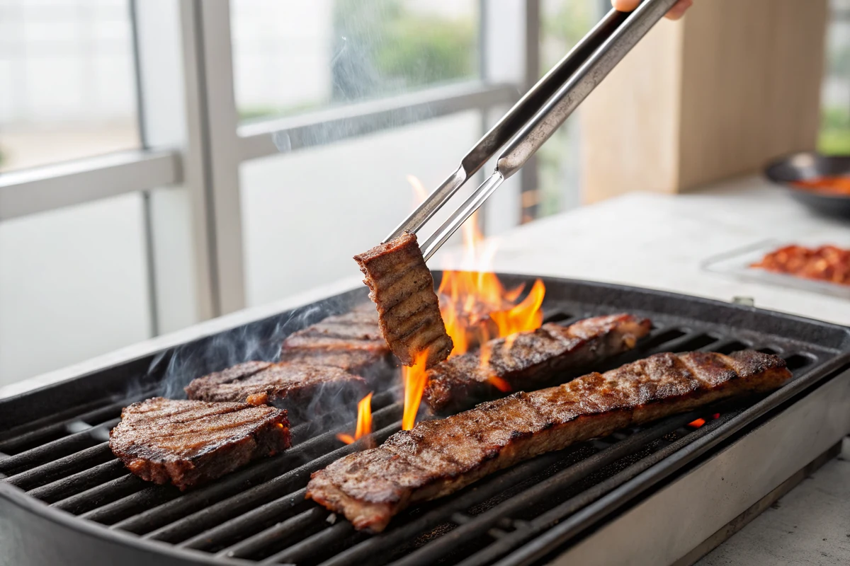 Thin flanken beef short rib strips searing on charcoal grill grates with orange flames licking up between them, tongs lifting one charred strip
