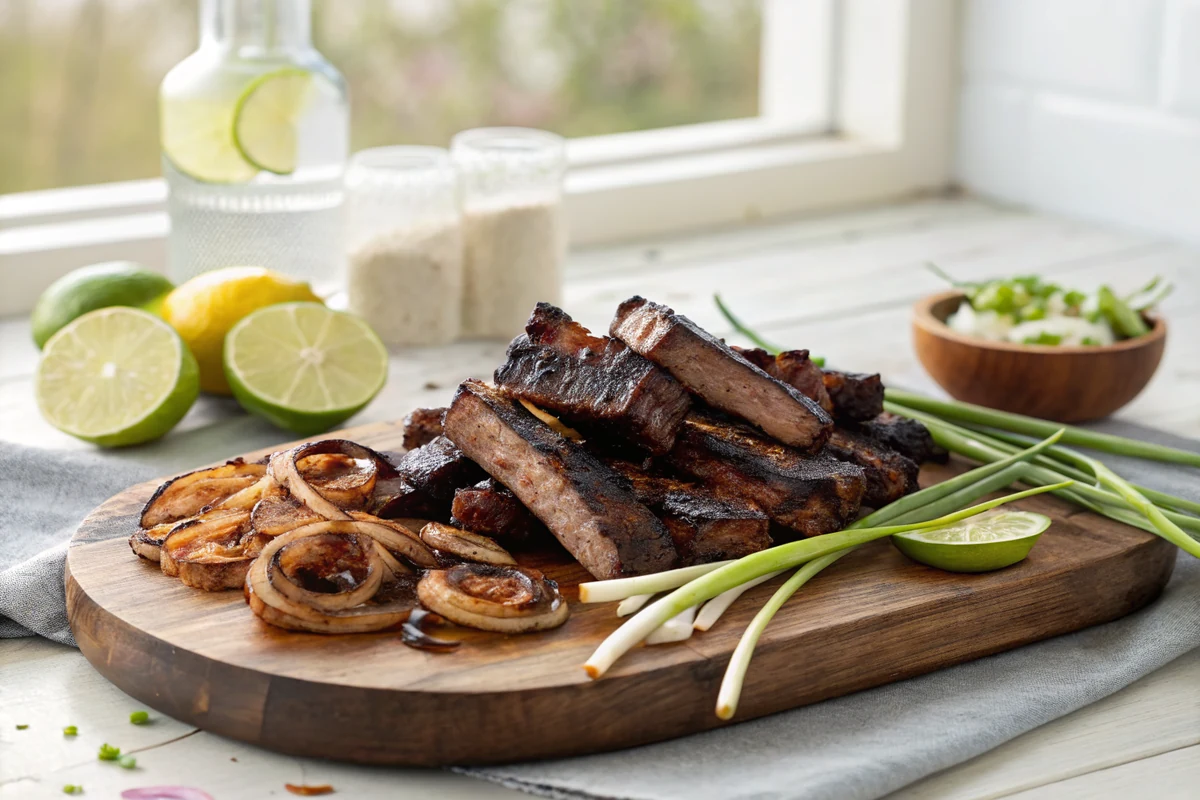 Platter of charred flanken beef short rib strips piled on a wooden board with lime wedges, sliced scallions, and grilled onion rounds arranged around the meat