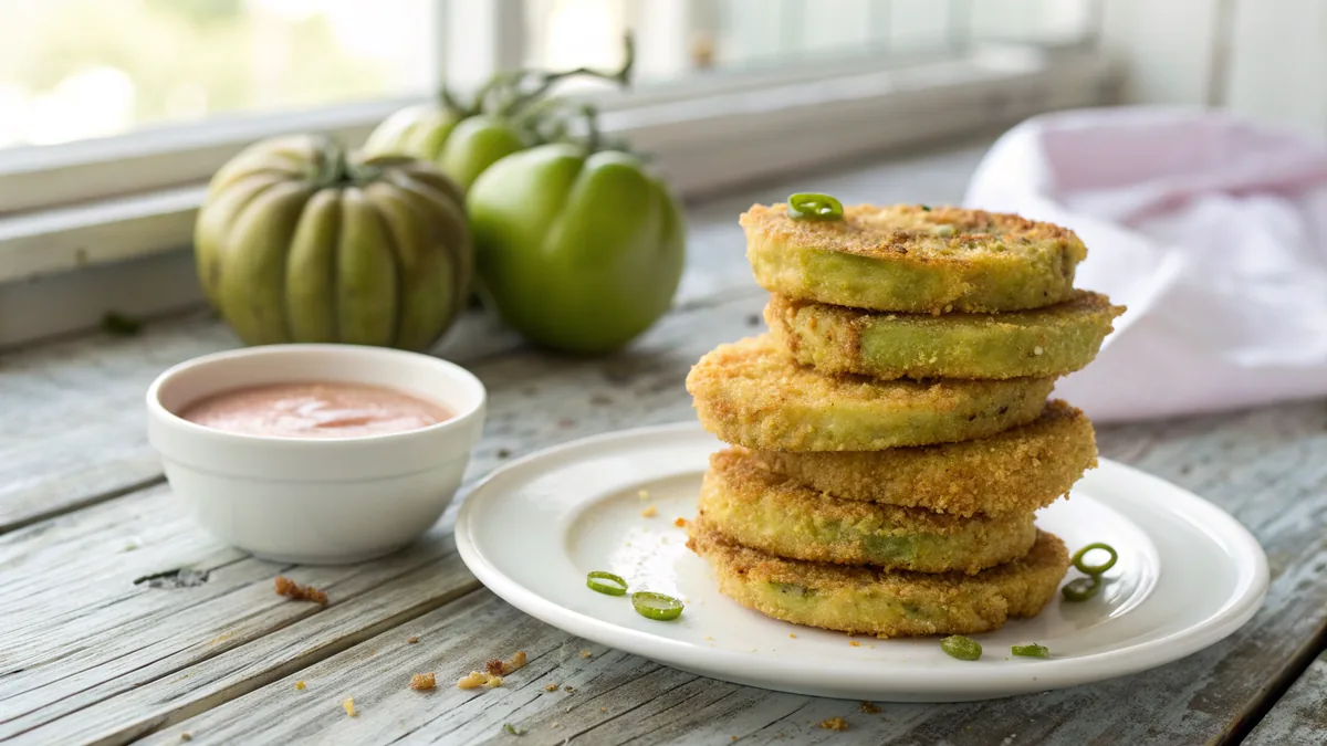 A stack of golden fried green tomato slices with a craggy cornmeal crust on a white plate beside a small bowl of pale pink sauce on a weathered wooden table