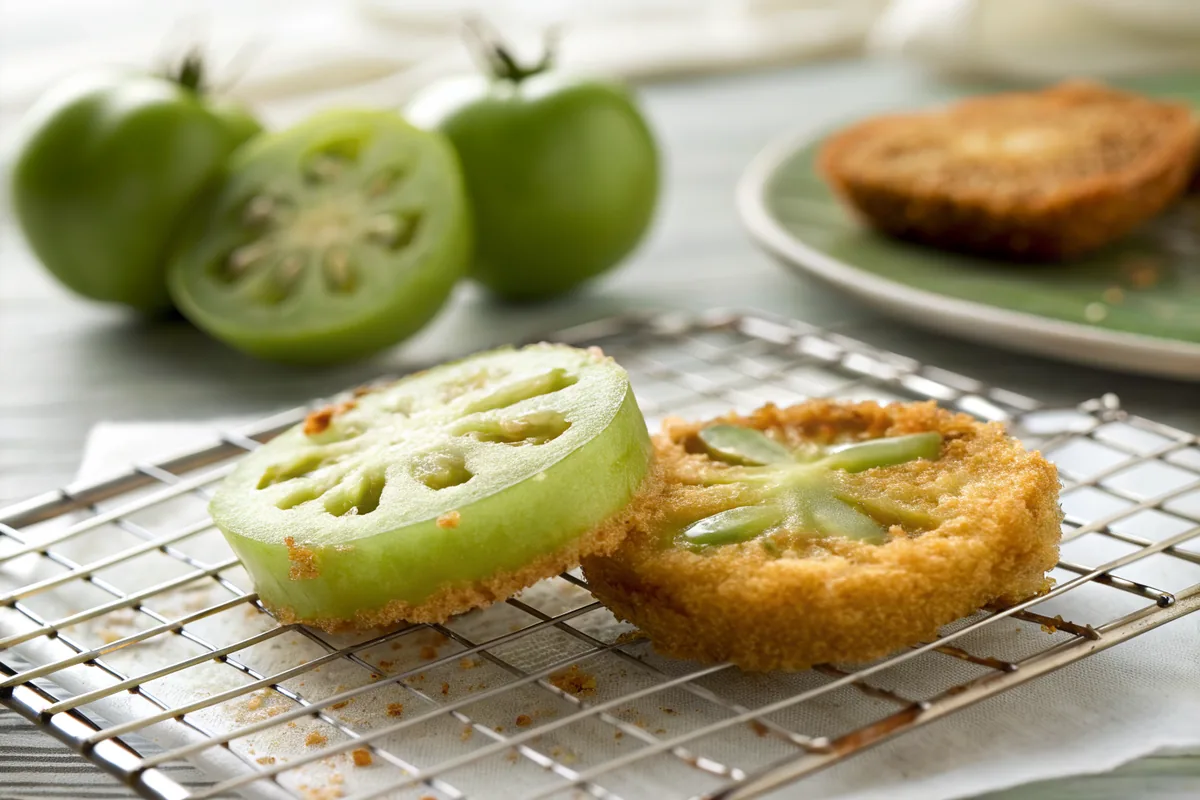 Close-up of a single fried green tomato slice broken in half showing the crisp golden crust and the pale green, juicy interior on a wire cooling rack
