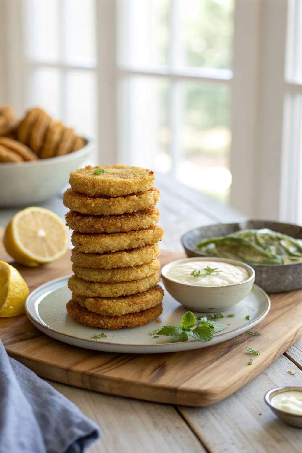 Vertical composition of a tall stack of crisp fried green tomatoes on a rustic plate with lemon wedges and a bowl of creamy sauce on a wooden table in warm afternoon light