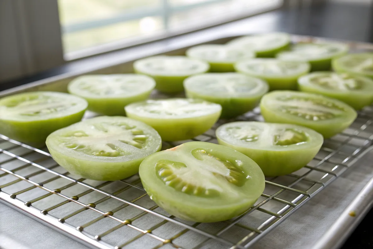 Thick half-inch slices of pale green unripe tomato arranged on a wire rack over a sheet pan with beads of moisture on their surface