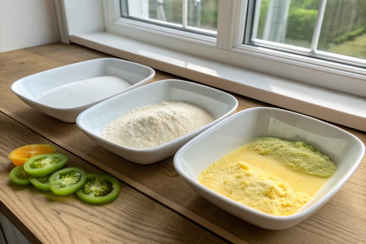 Three shallow white dishes in a row on a wooden counter, the first holding plain white flour, the second a smooth pale yellow whisked buttermilk and egg mixture, the third golden seasoned cornmeal, with two cornmeal-coated green tomato slices resting on a plate at the end