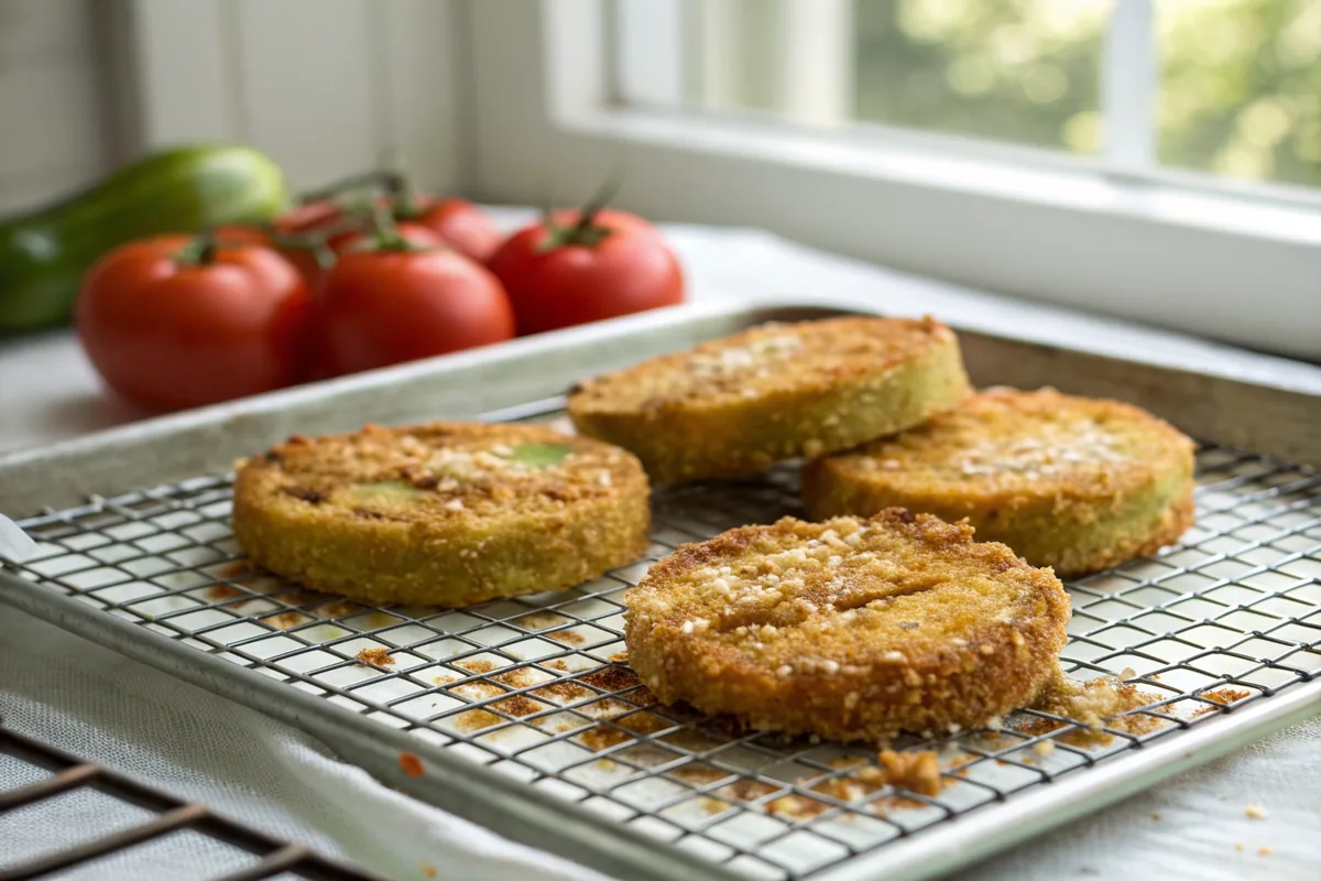 Deep golden brown crispy cornmeal-crusted fried green tomato slices resting on a wire rack over a rimmed sheet pan, their fried crust rough and crackly with flakes of coarse salt on top
