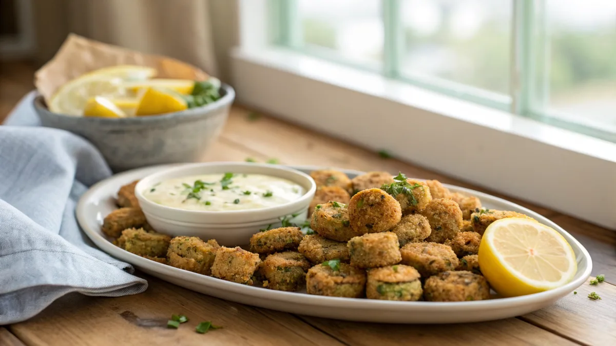 Platter of golden brown fried okra rounds with a craggy cornmeal crust, a small bowl of creamy dipping sauce and lemon wedges alongside on a wooden table