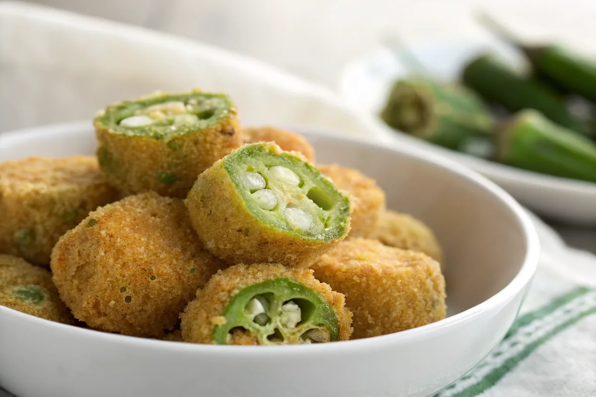 Close-up of crispy fried okra showing deep golden cornmeal crust on each round with bright green okra visible at the cut edges