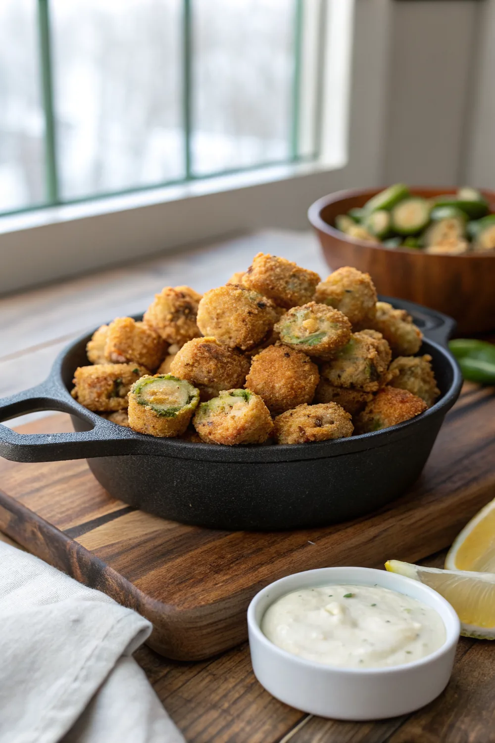 Vertical shot of a cast iron skillet filled with golden fried okra rounds, a striped kitchen towel and a dish of flaky salt beside it in warm window light