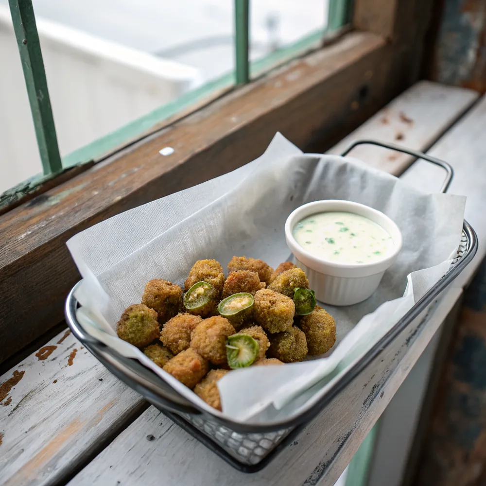 Overhead view of a paper-lined metal tray piled with crispy fried okra rounds next to a small ramekin of white dipping sauce on a weathered wood surface