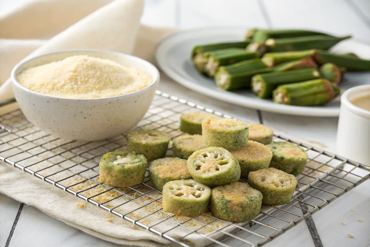 Okra rounds coated in seasoned yellow cornmeal resting on a wire rack beside a bowl of buttermilk and a shallow dish of cornmeal dredge