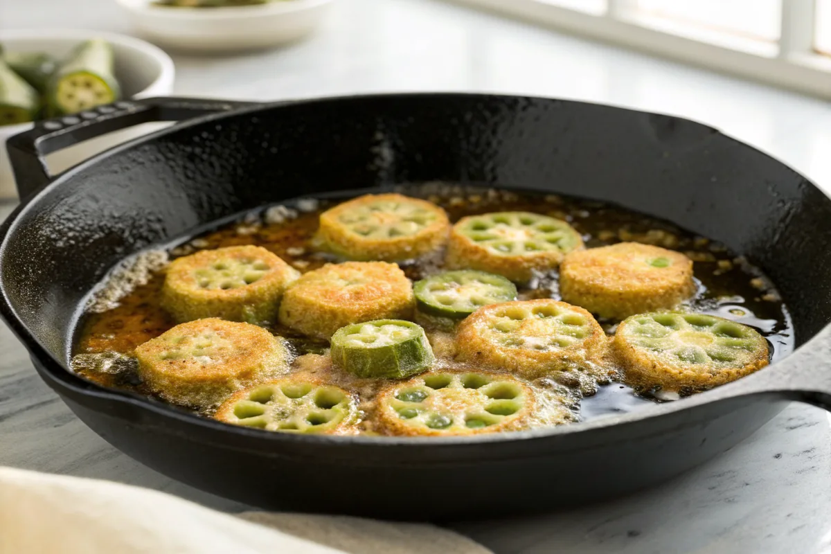 Cornmeal crusted okra rounds frying in a single layer in shallow bubbling oil in a cast iron skillet, edges turning golden brown