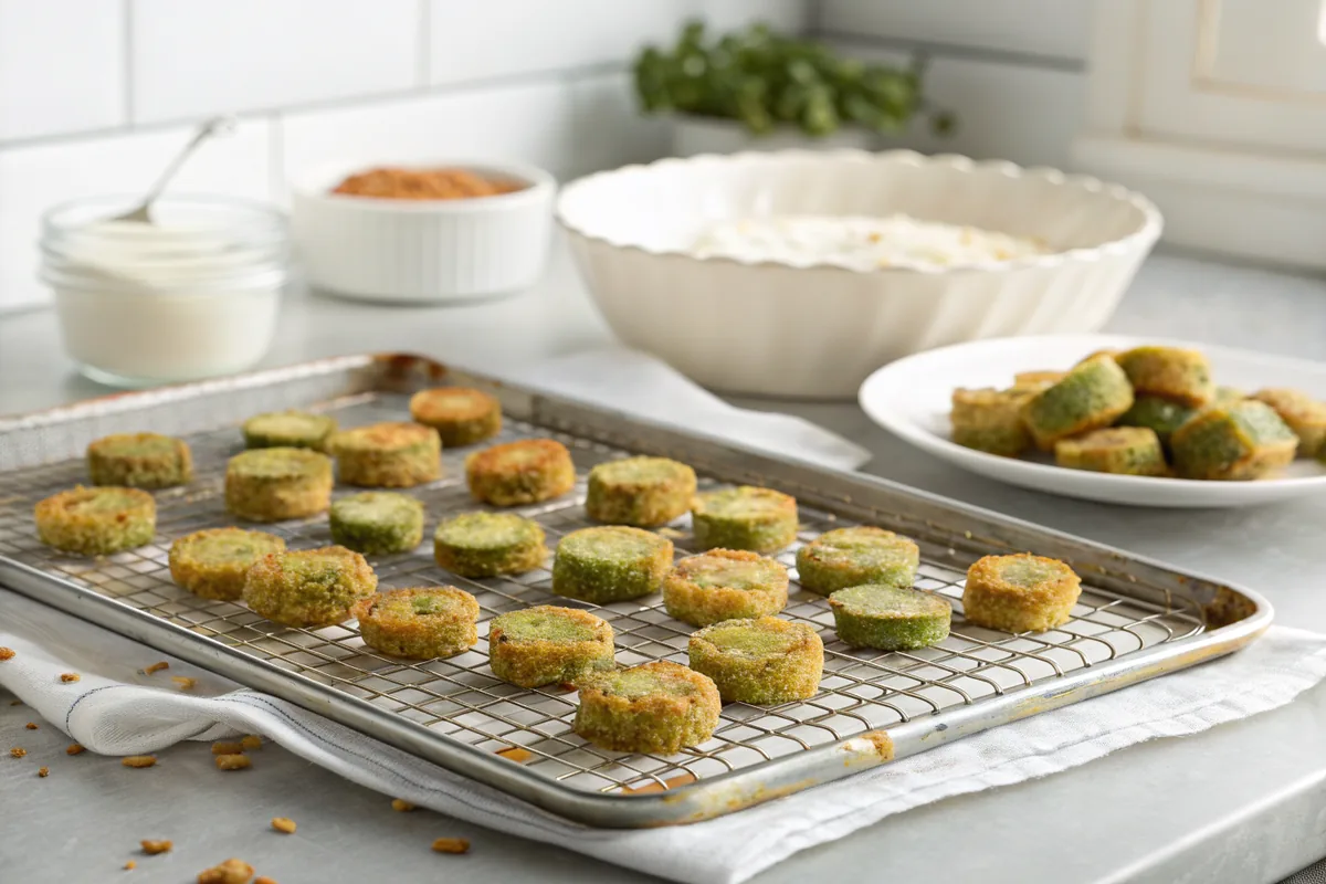 Golden fried okra rounds draining in a single layer on a wire rack set over a rimmed baking sheet, crust deep golden and craggy