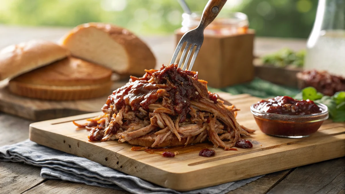 Gluten-free BBQ pulled pork piled on a wooden board, glossy shreds of tender pork coated in dark red barbecue sauce, a fork pulling at the meat, rustic Texas kitchen light