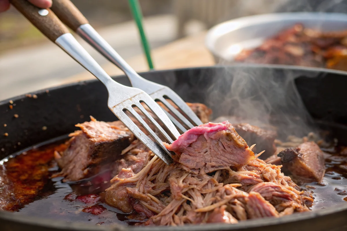 Close-up of two forks shredding a slow-cooked pork shoulder into tender strands with visible bark and smoke ring, juices pooling underneath