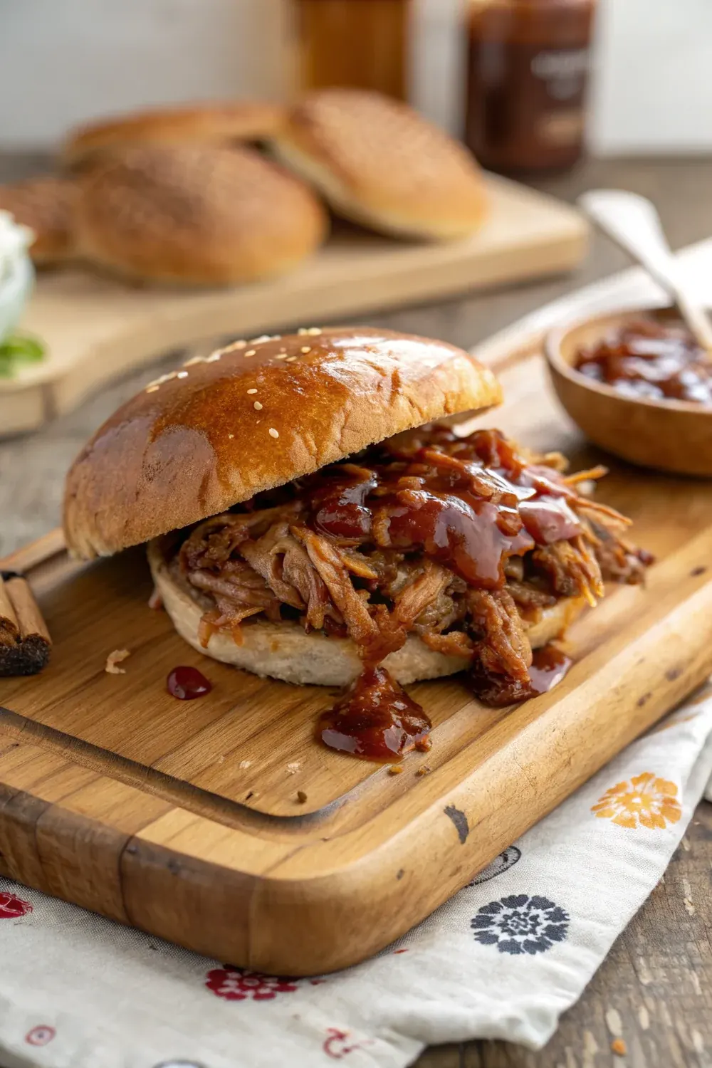 Vertical photo of tender gluten-free BBQ pulled pork coated in homemade sauce, save this easy slow cooker recipe with no wheat