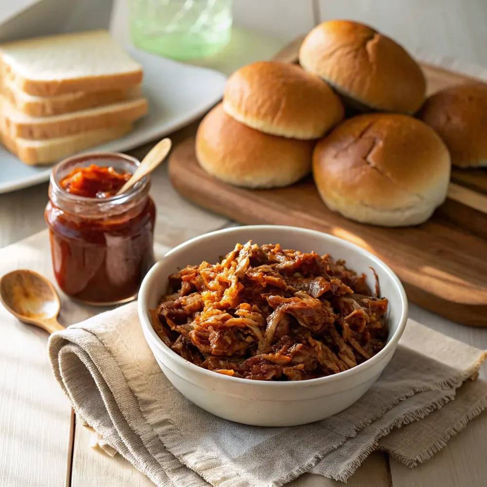 Overhead bowl of saucy gluten-free pulled pork next to a small jar of homemade barbecue sauce and a stack of buns, cheerful Texas table