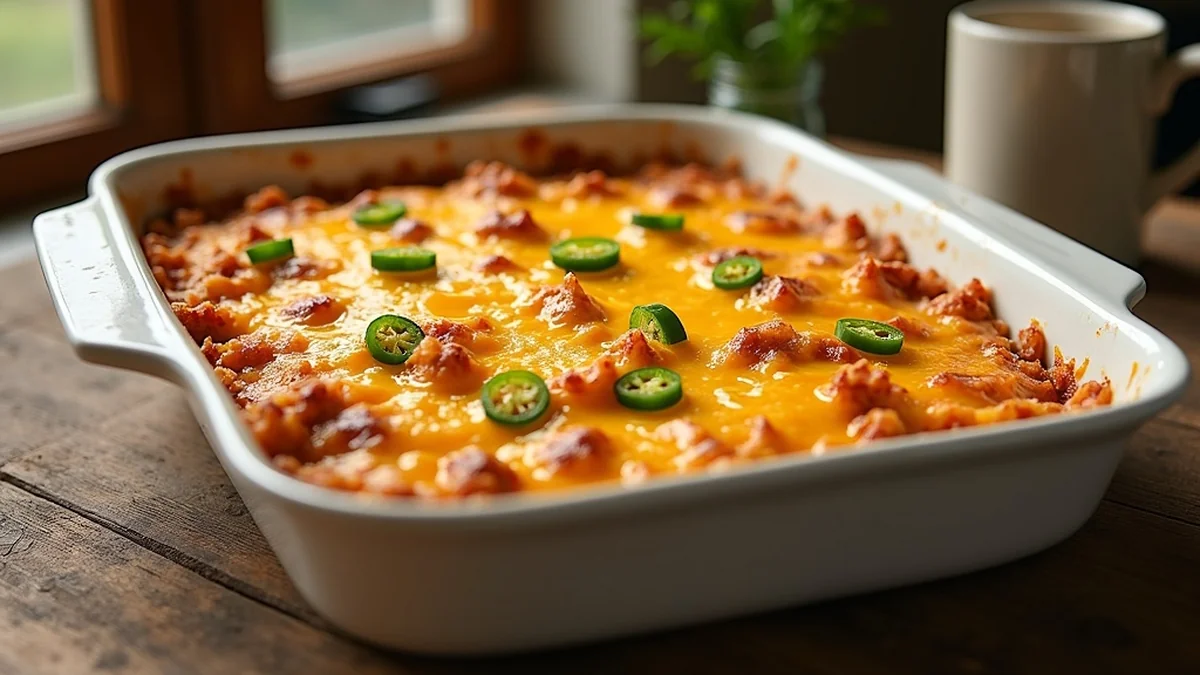 Golden breakfast casserole in white ceramic 9x13 baking dish, top layer browned crispy hash browns visible, melted cheese pockets, sausage chunks visible, jalapeño slices and chopped chives garnish, served family-style on rustic wood Texas Hill Country breakfast table, morning sunlight from window