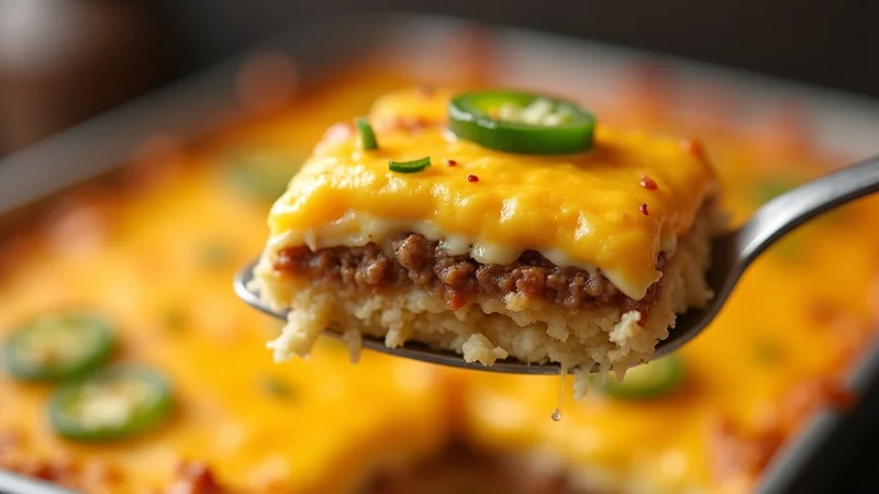 Close-up of a serving spoon lifting a portion of breakfast casserole showing layered hash browns crust, eggs, sausage, melted cheese, jalapeño slices