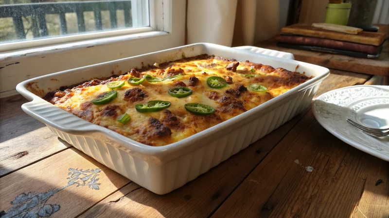 Close-up of a serving spoon lifting a portion of breakfast casserole showing layered hash browns crust, eggs, sausage, melted cheese, jalapeño slices