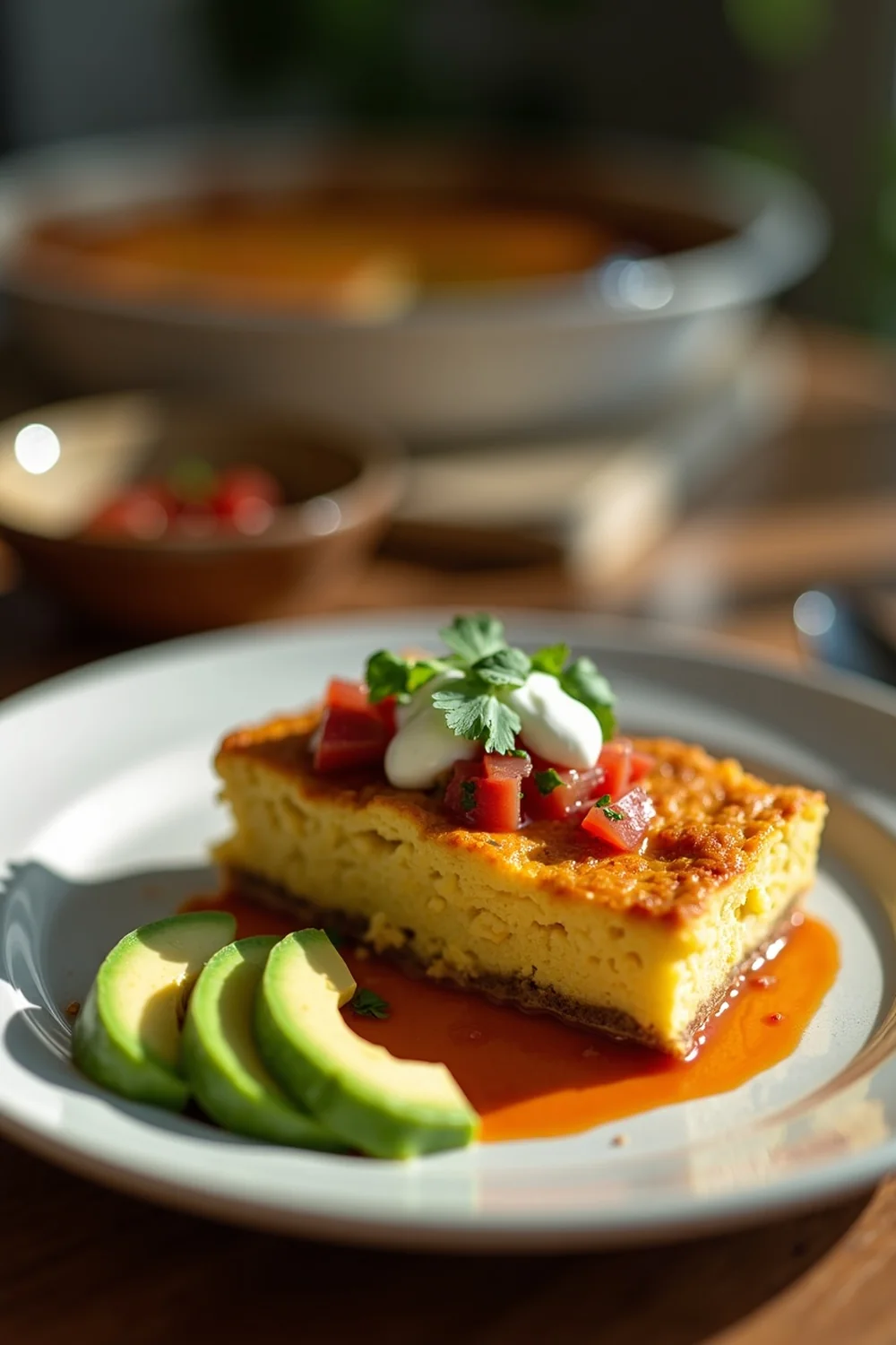Vertical view of a slice of breakfast casserole on a brunch plate with avocado slices, salsa, fresh cilantro, sour cream, weekend Sunday brunch aesthetic, dramatic morning lighting